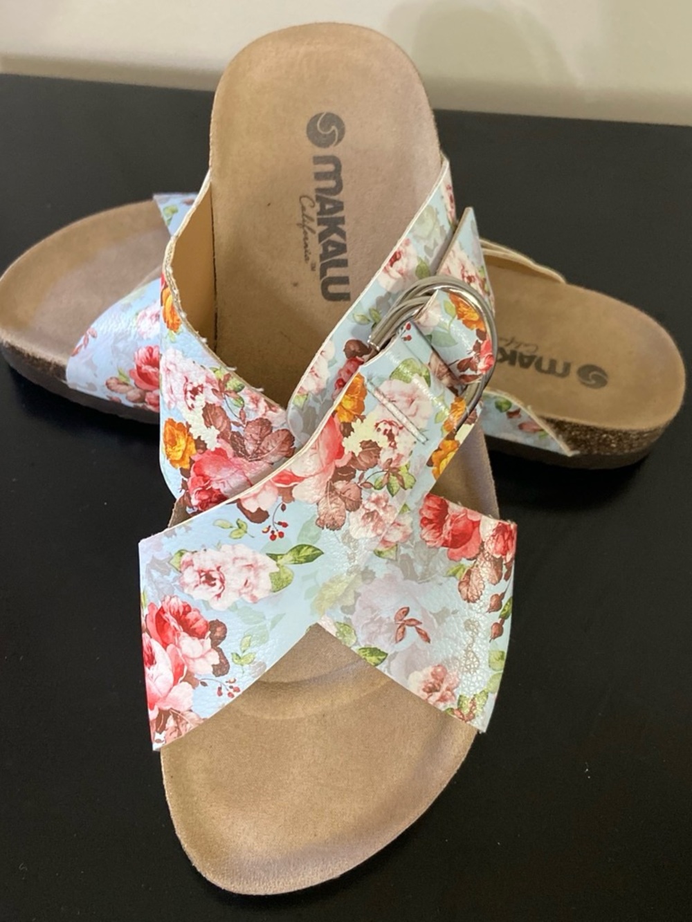 Makalu Floral Cross-Strap Slide Mules in Light Blue